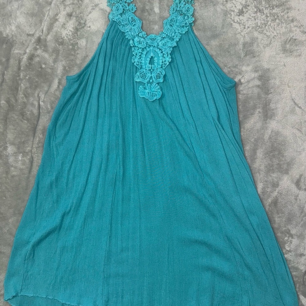 Teal Sleeveless Lace Trim Dress